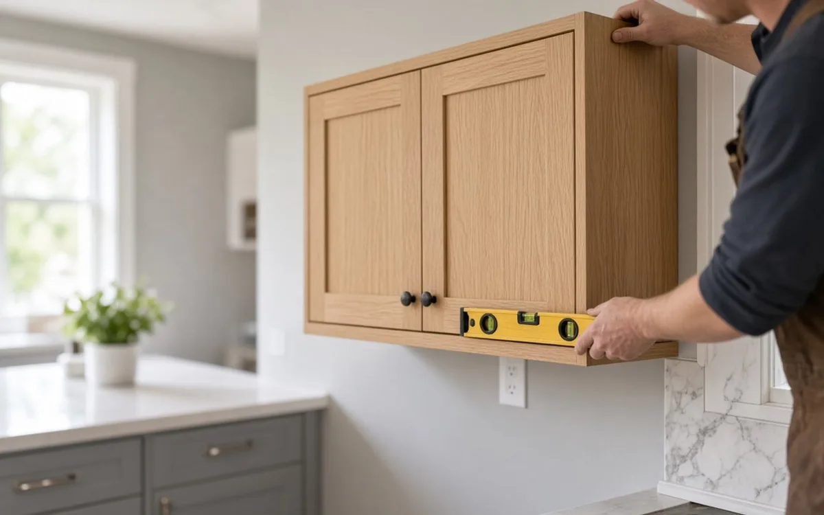 Installer checking a light oak Shaker wall cabinet with a yellow level as he mounts it above a marble backsplash