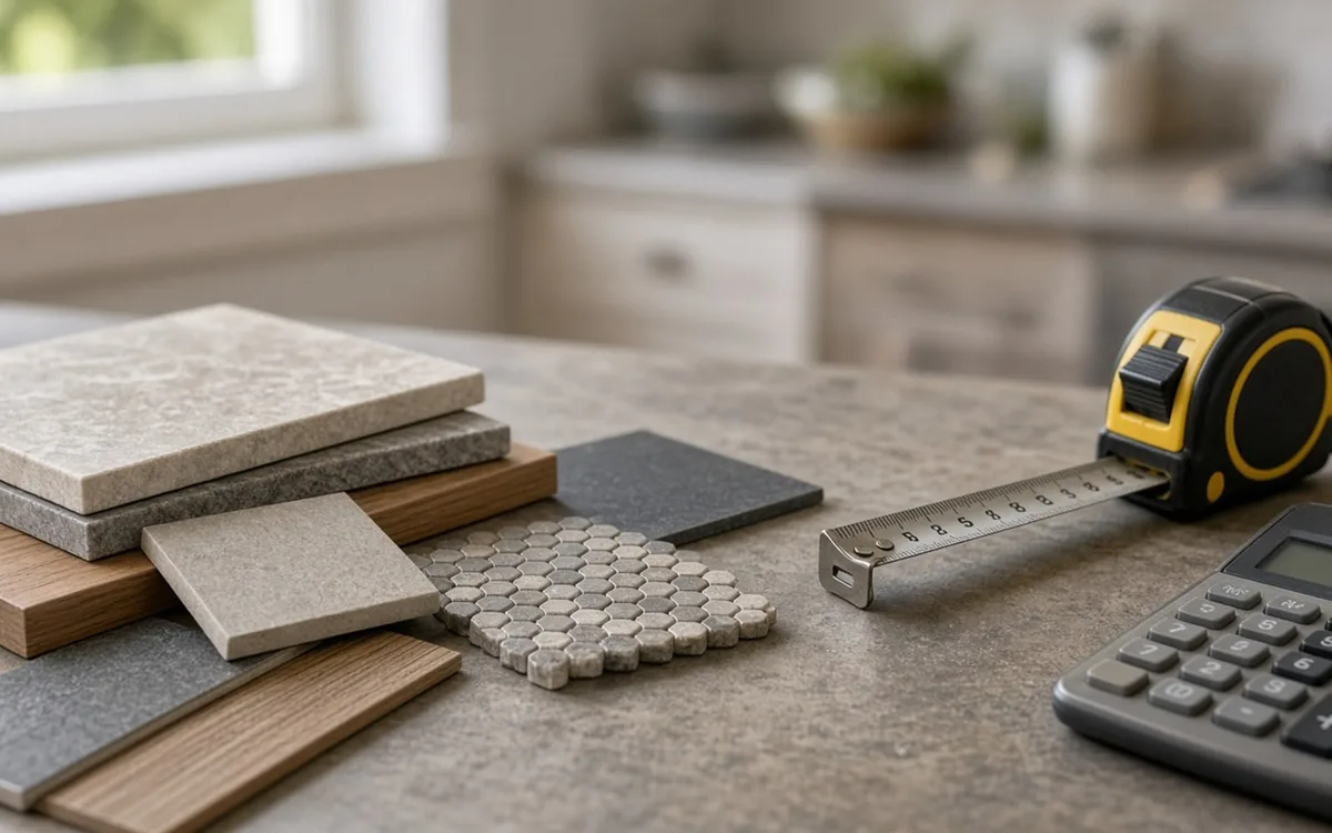 Stone, wood and hexagon mosaic tile samples beside a tape measure and calculator on a grey kitchen counter