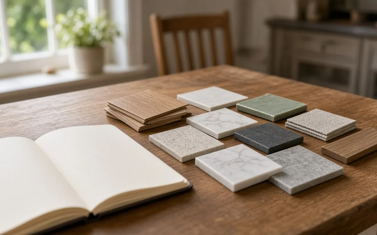 Open notebook beside a grid of marble, quartz, green tile and wood samples on a wooden dining table