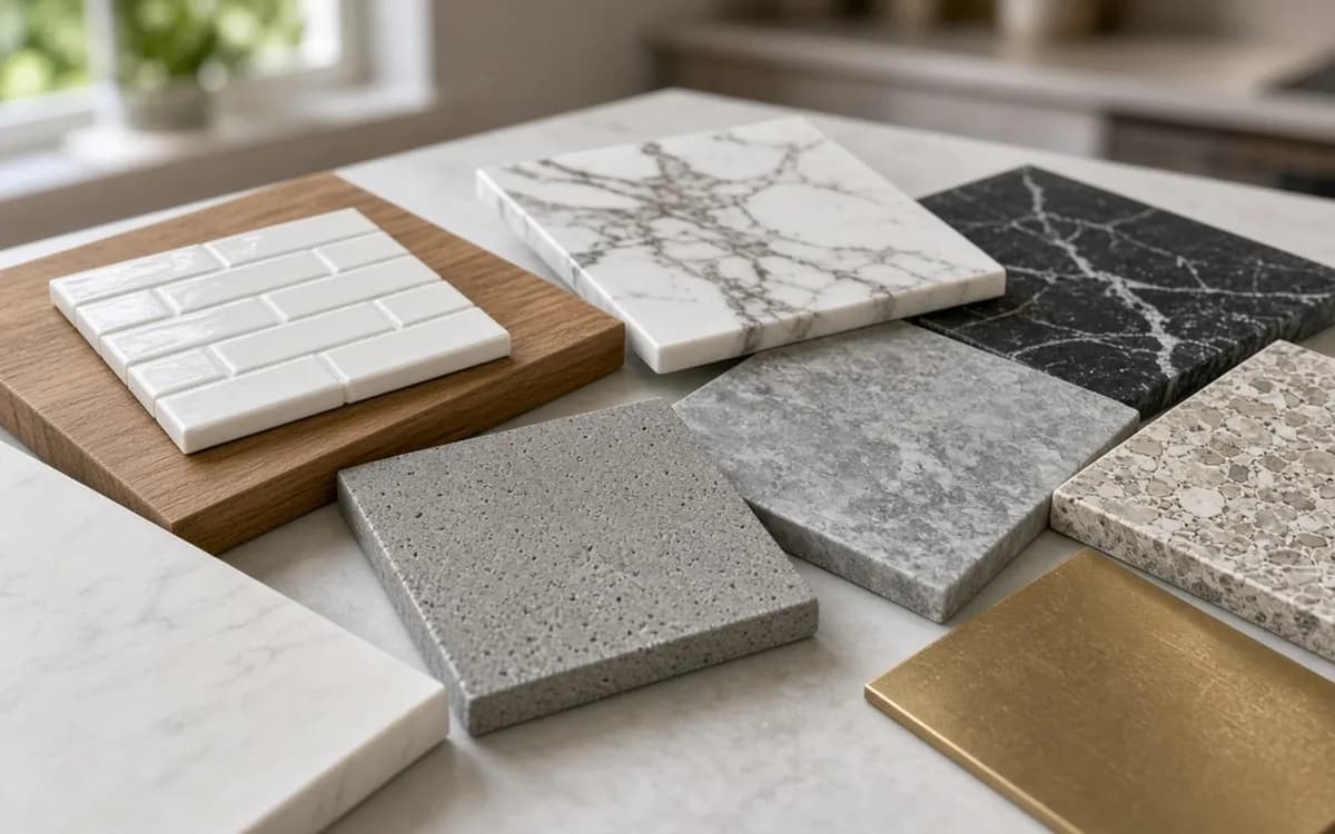 White subway tile, white and black marble, grey quartz, terrazzo and brass samples laid on a light counter