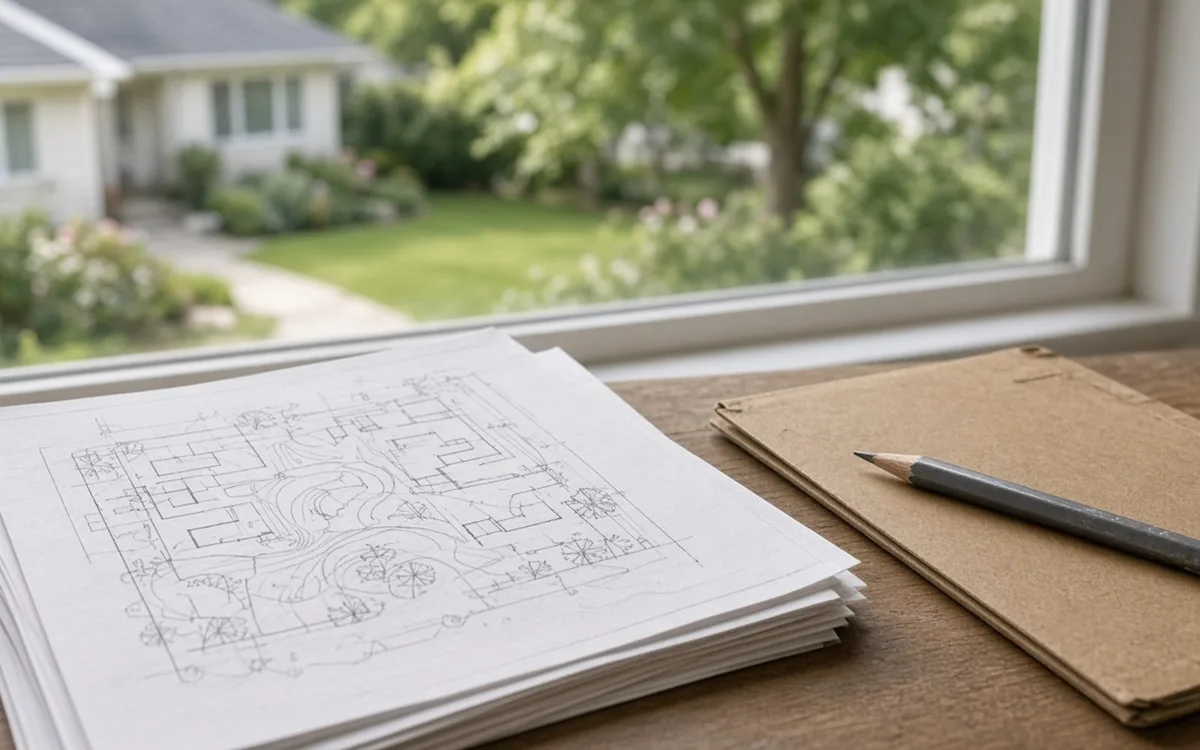 Sketched site plan pages and a kraft folder with a pencil on a wooden desk by a window over a front lawn