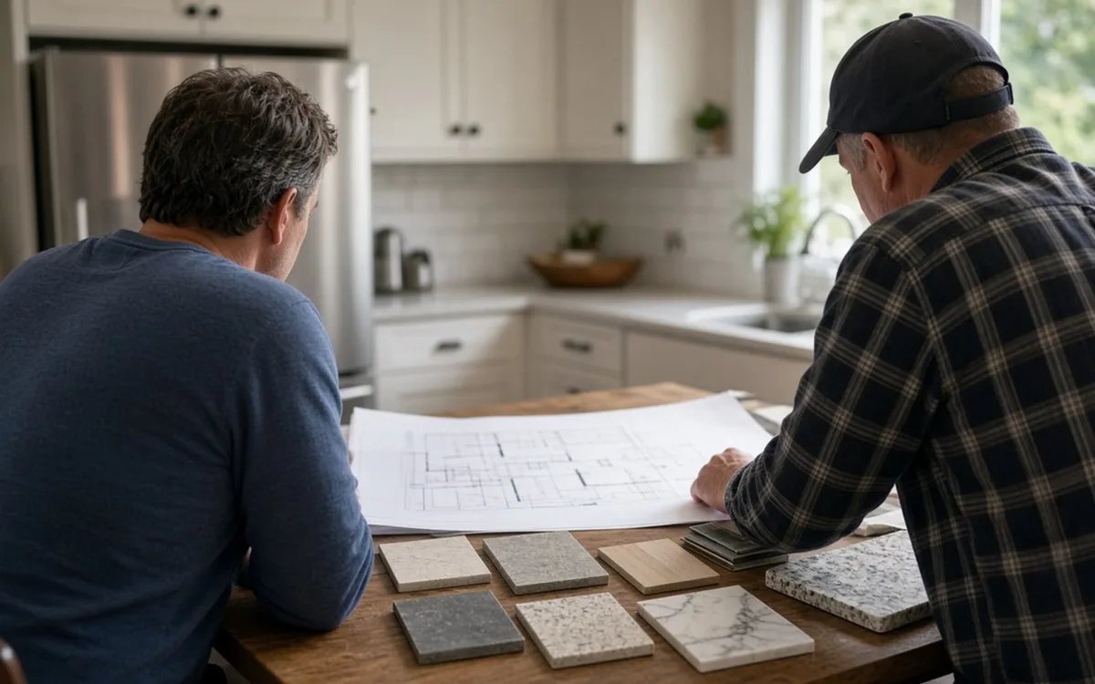 Two men at a white kitchen island studying a floor plan with a row of stone and wood countertop samples