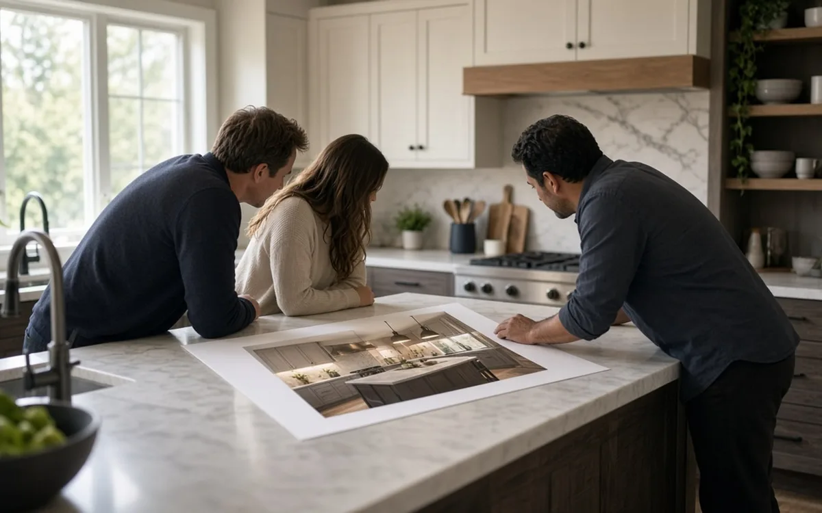 Couple and a designer leaning over a marble island reviewing a printed kitchen rendering near a gas range