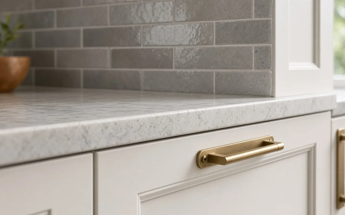 Close-up of a brass bar pull on a white Shaker drawer under a honed stone counter and grey glazed tile