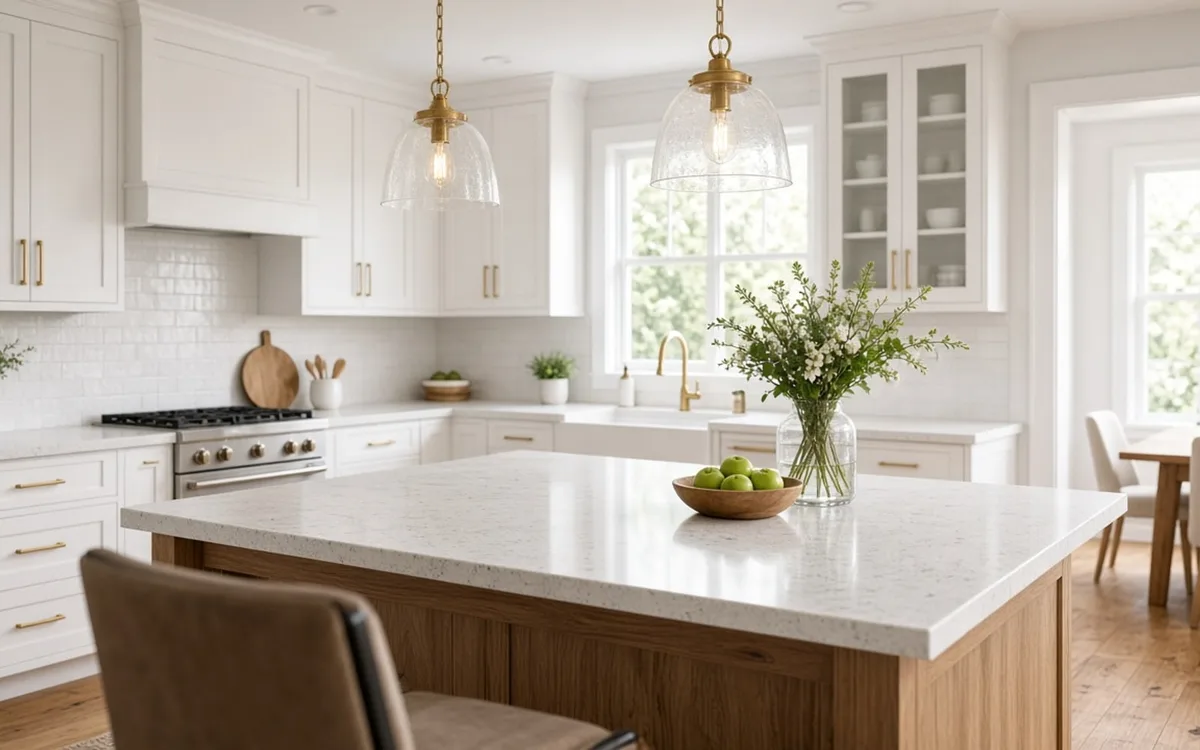 White kitchen with an oak island topped in speckled quartz, glass pendants, a gas range and farmhouse sink