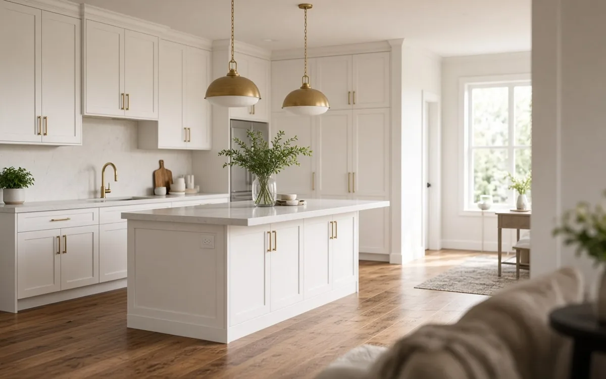 Open-plan white kitchen with brass dome pendants over a white island, tall pantry cabinets and oak floors