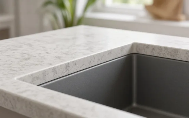 Close-up of a grey-veined quartz countertop edge around a dark granite composite undermount sink