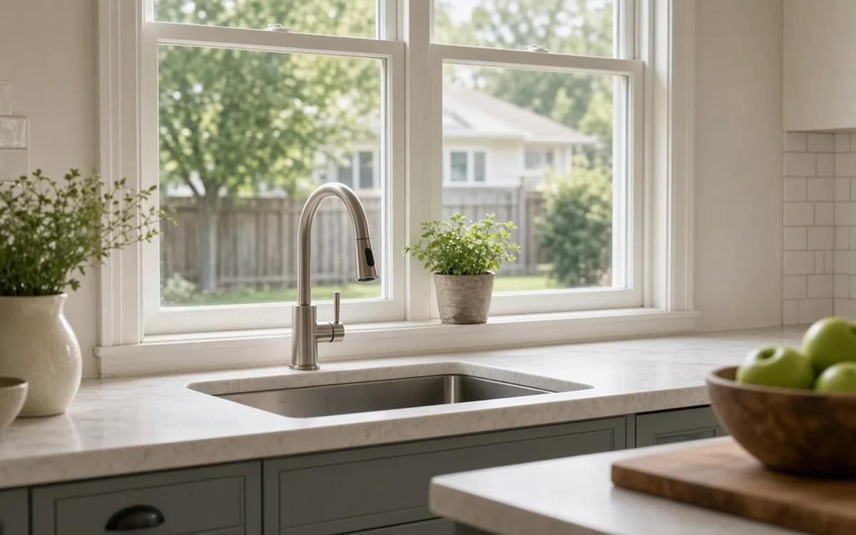 Stainless pull-down faucet and undermount sink under a double window with herbs, above sage green cabinets