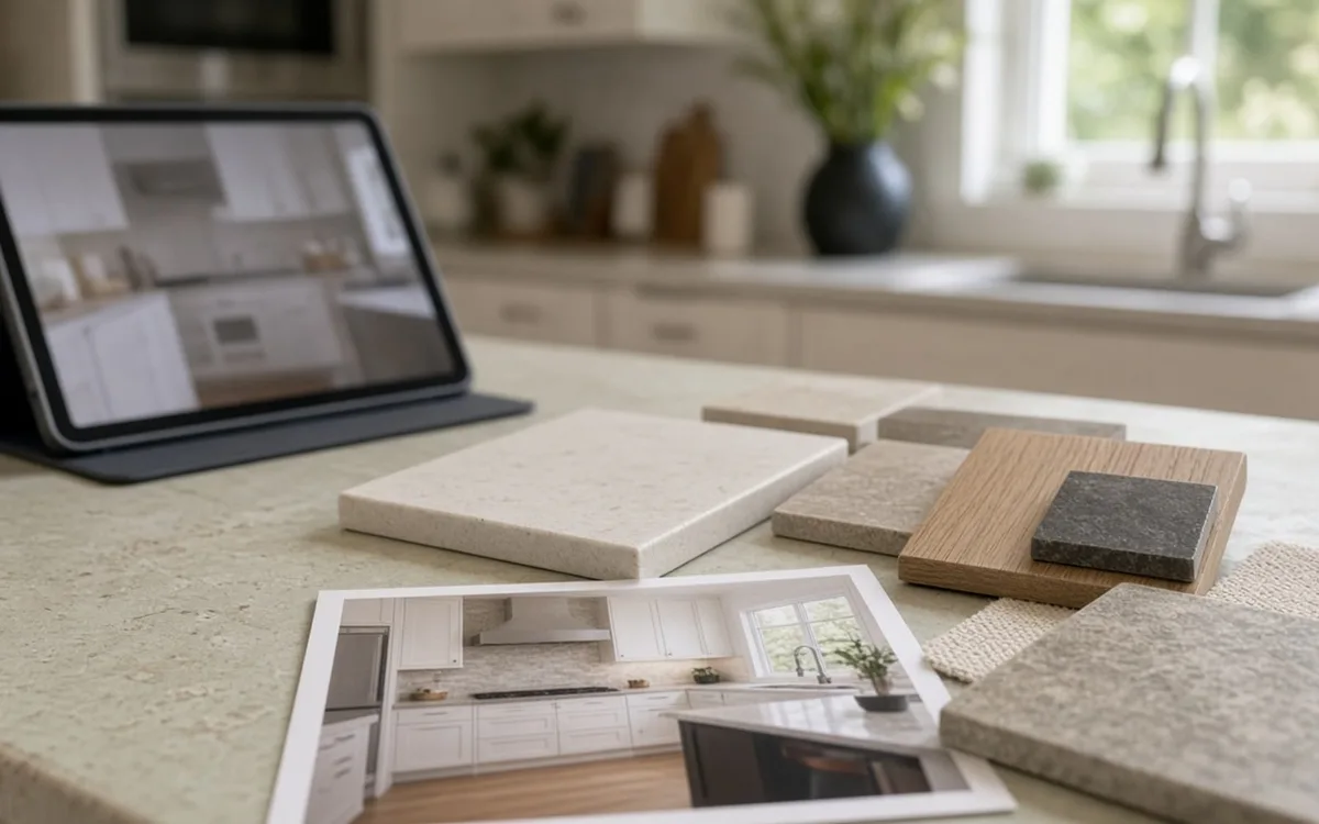Tablet showing a white kitchen, a printed kitchen photo and stone and wood samples on a pale quartz counter