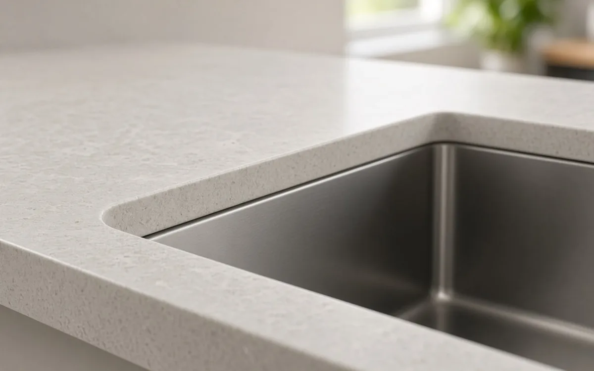 Matte beige solid-surface countertop with a softly rounded edge wrapping a stainless undermount sink