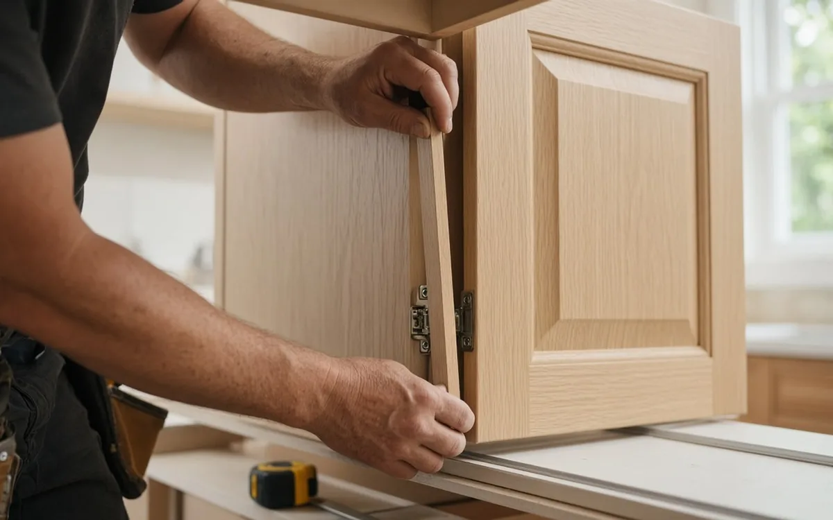 Installer applying wood veneer to the face frame of an existing kitchen cabinet with the doors removed
