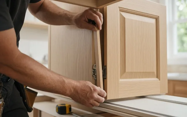Installer aligning a raised-panel maple cabinet door on concealed hinges over a base cabinet