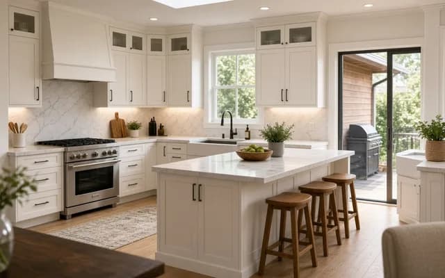 White kitchen with a stool-lined island, stainless range, marble backsplash and a slider open to a patio grill