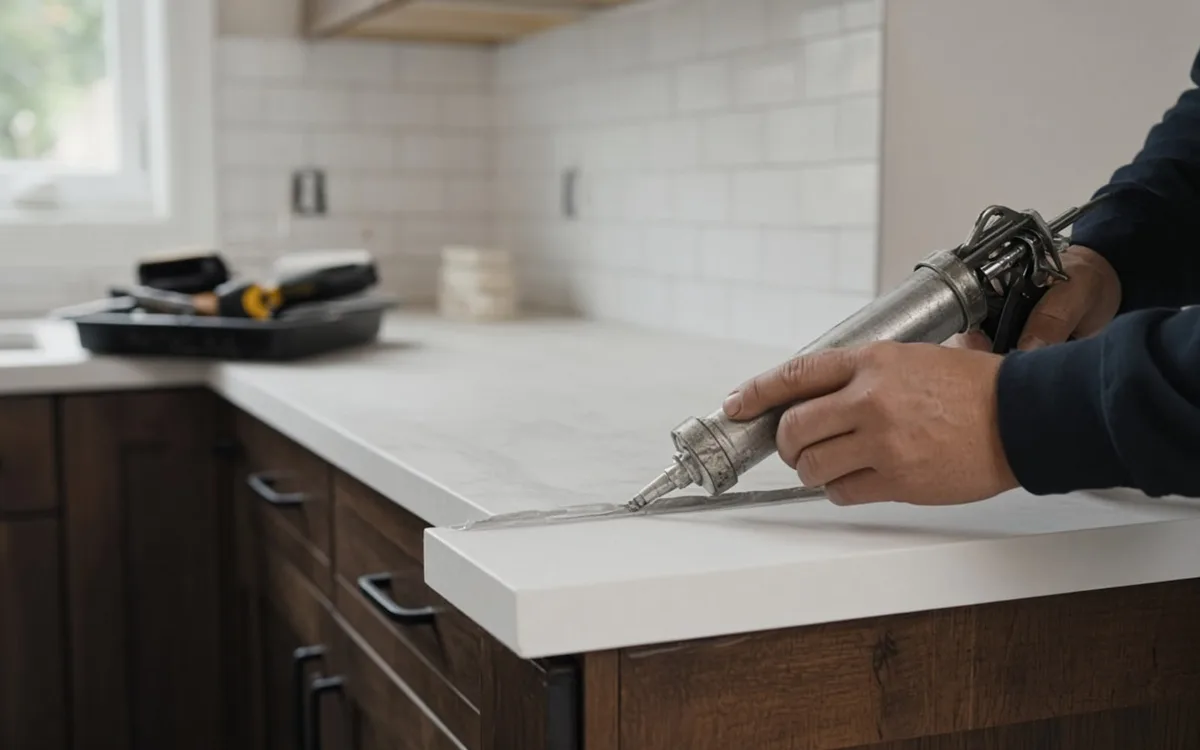 Hand running a caulk gun along the edge of a white quartz countertop on dark walnut base cabinets