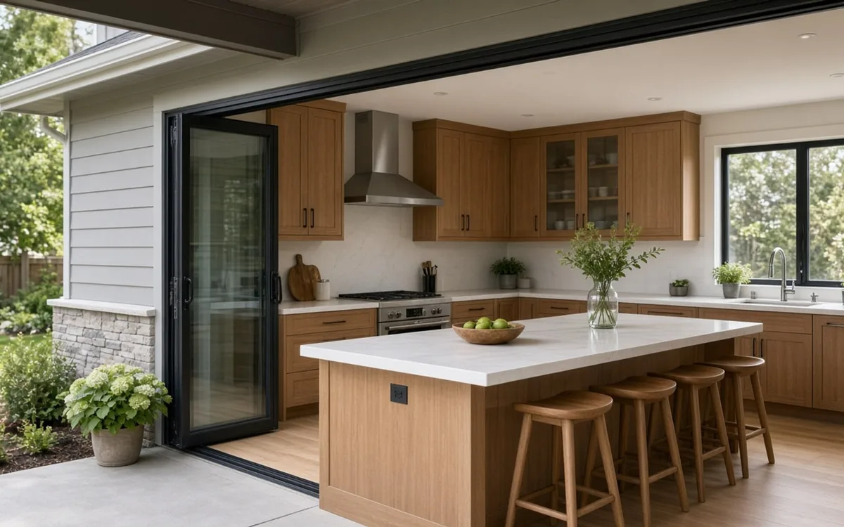 Oak kitchen with a white-topped island and stools, seen through a folding glass wall opened to a patio