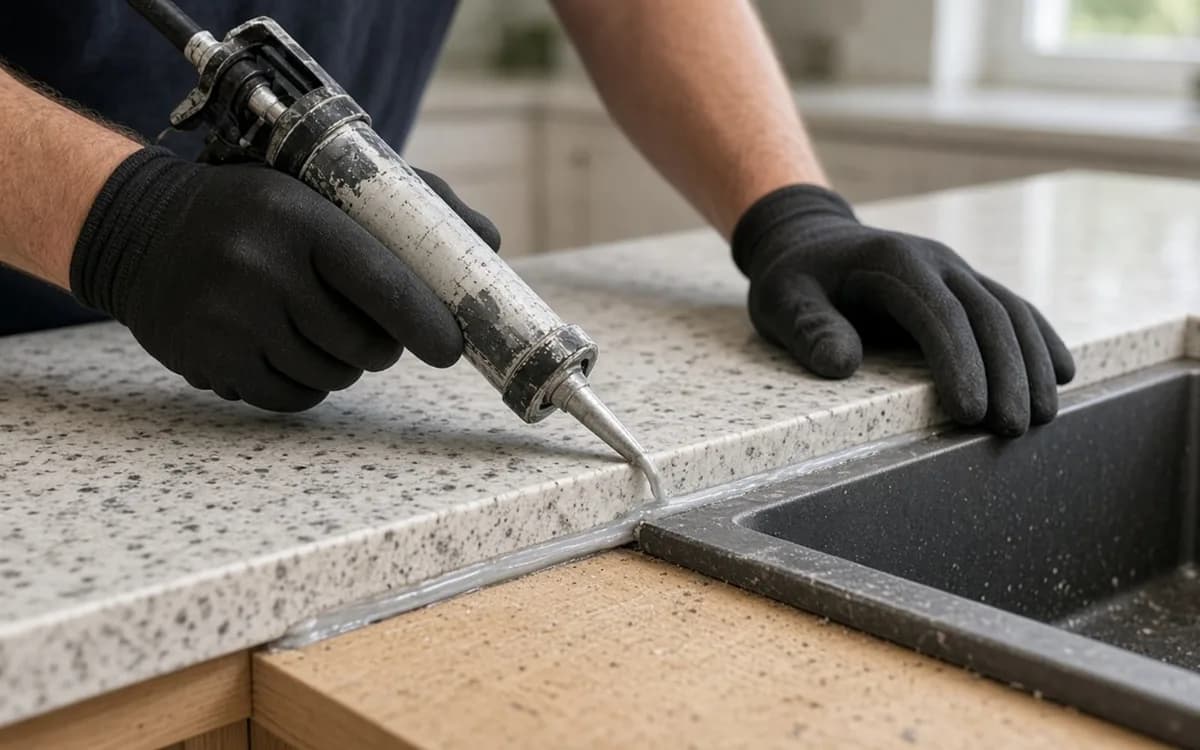 Fabricator polishing a seam on a granite kitchen countertop beside a stainless undermount sink