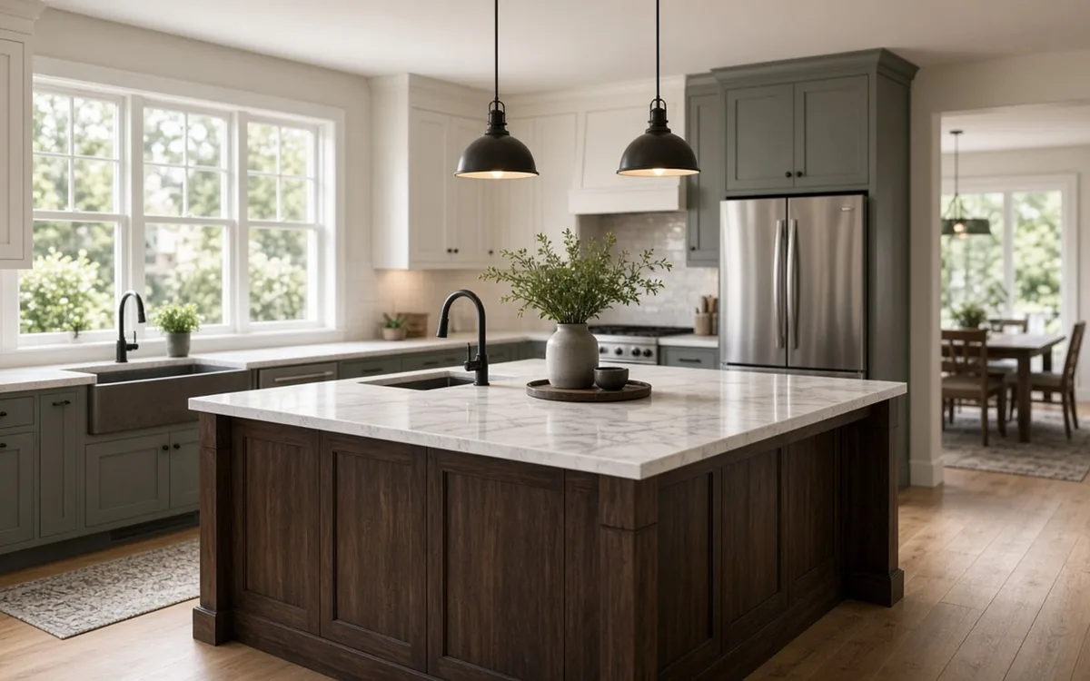 Rectangular kitchen island with a quartz waterfall top, three counter stools on the far side and a prep sink near the range