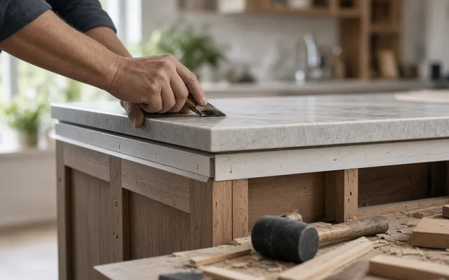 Hand working a scraper along a stone island top set on a rough wood base, with a mallet on the bench