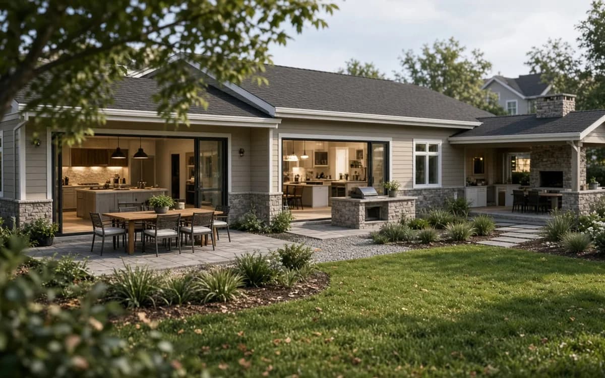 Rear of a single-storey house with opened glass walls showing two kitchens and a stone outdoor grill patio