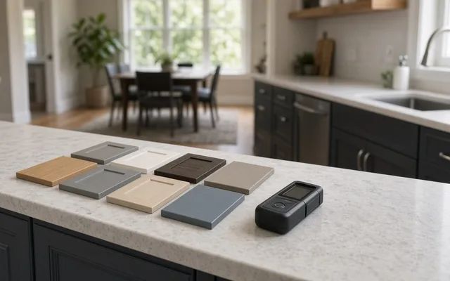 Laser distance meter and a grid of cabinet color chips on a speckled counter above navy base cabinets