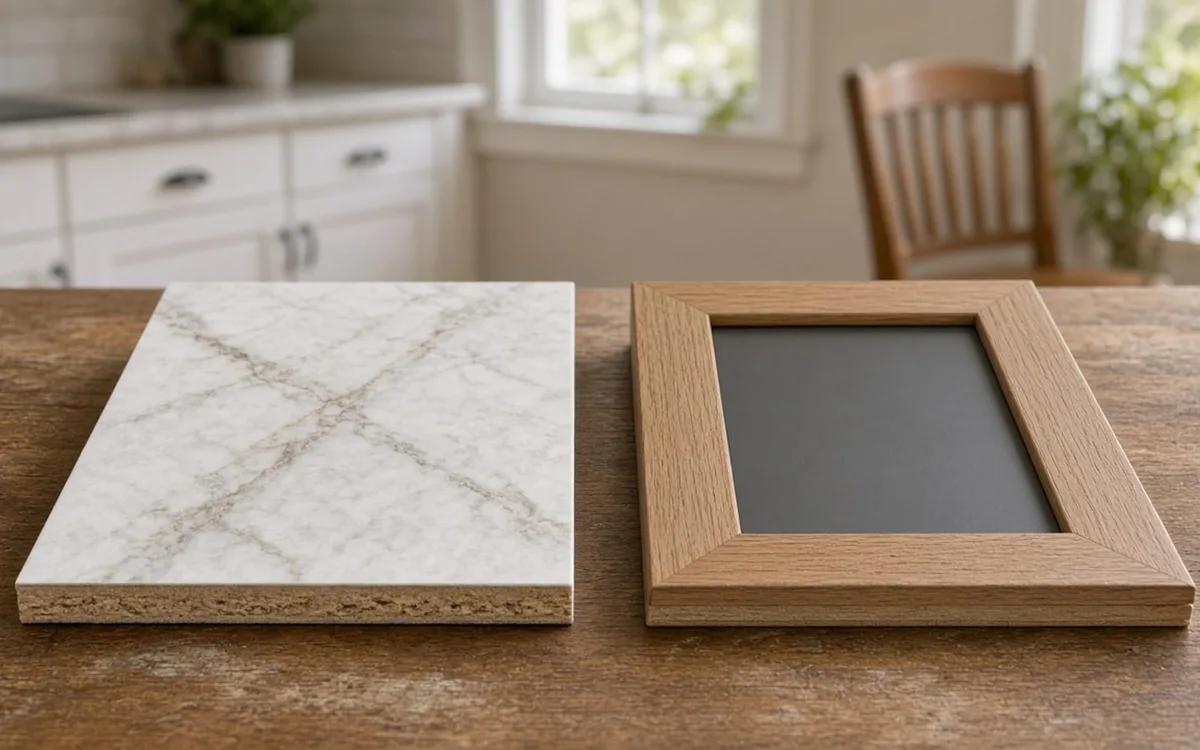 Marble-look laminate panel beside an oak Shaker cabinet door frame with a dark insert on a wooden table