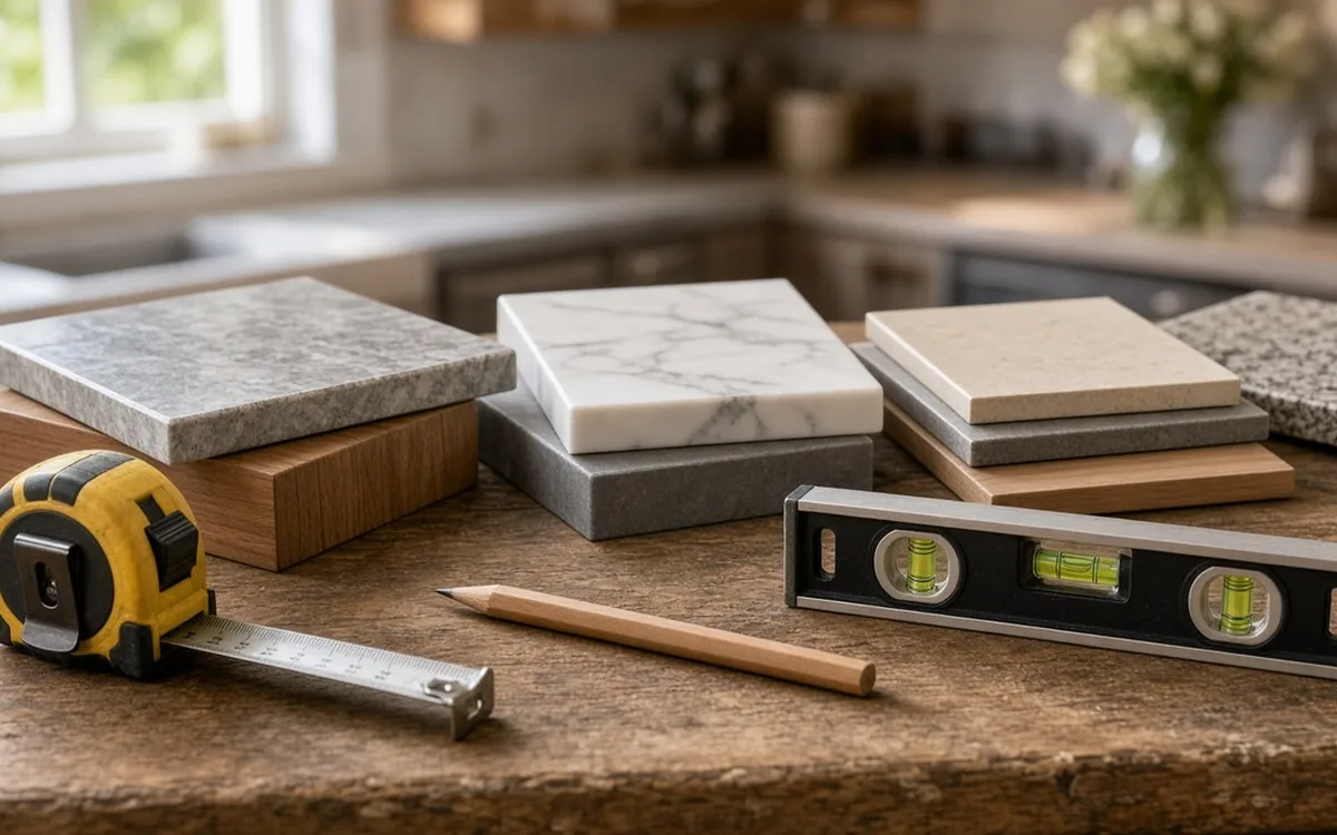 Tape measure, pencil and black level in front of stacked marble, quartz and granite slabs on a worn table