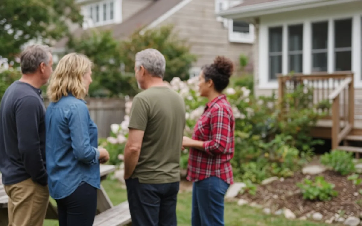 Four adults chatting in a flowering backyard garden next to a house's wooden deck stairs