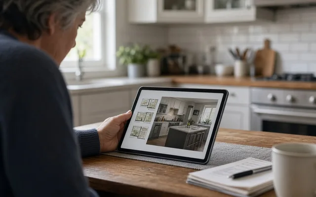 Grey-haired person at a kitchen table viewing kitchen photos on a tablet beside a notebook and mug