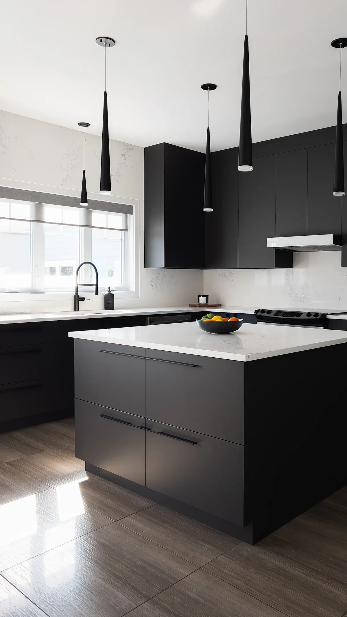 Dark kitchen island beside white cabinetry