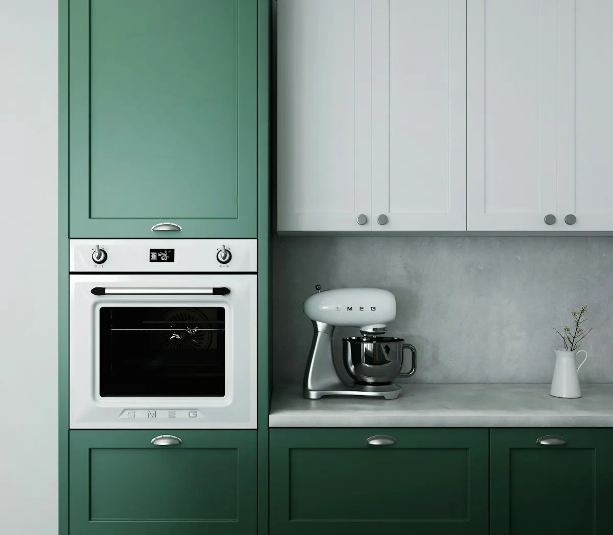 Green-and-white cabinetry with integrated oven and storage