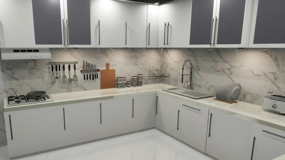 White kitchen cabinetry with a patterned backsplash