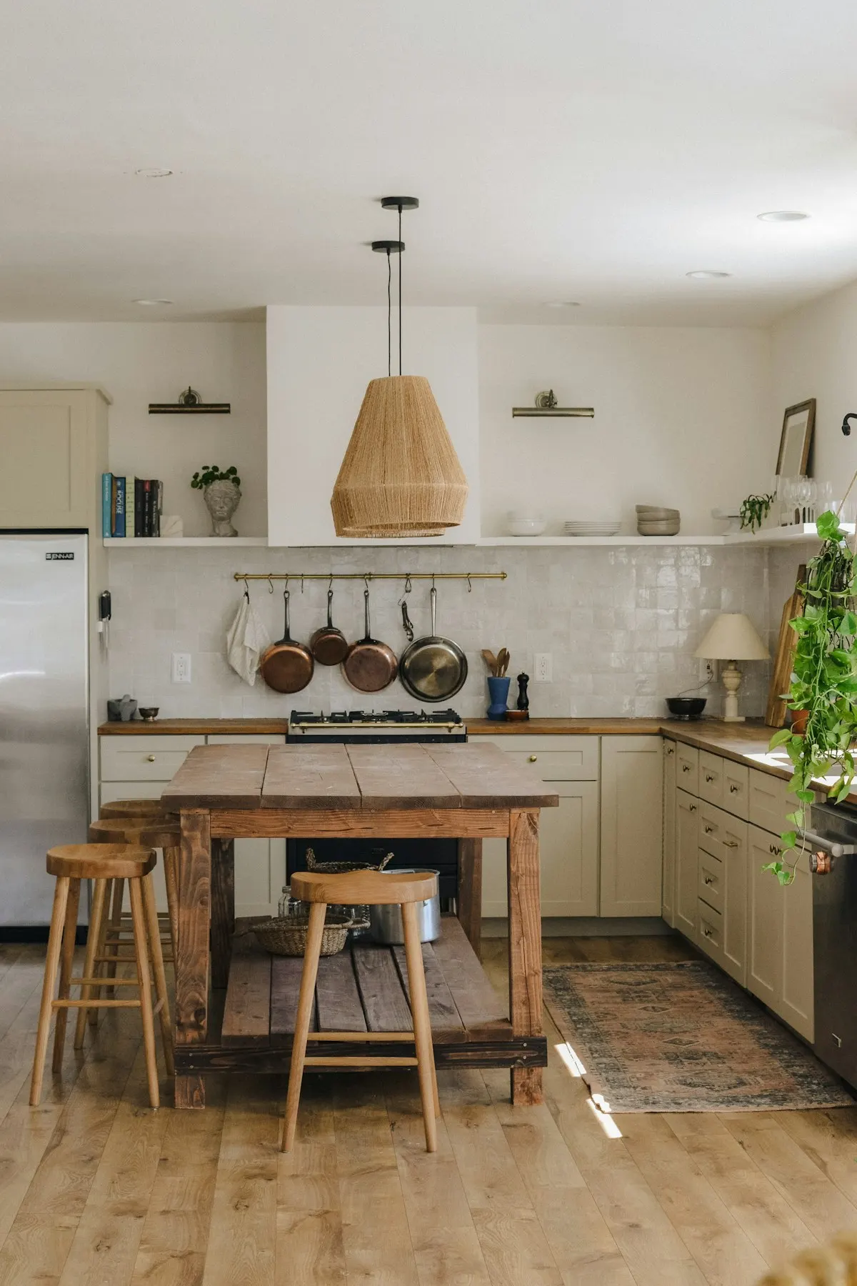 Small kitchen with a timber table and open wall shelving
